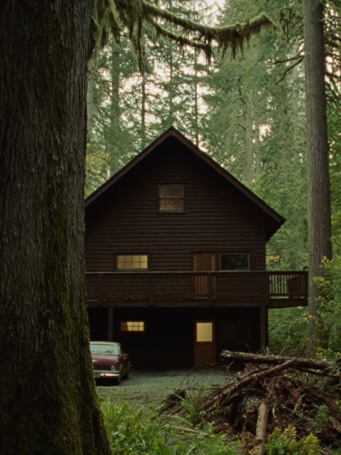 Dark timber house with a raised balcony among tall mossy trees, a red car beside the driveway.